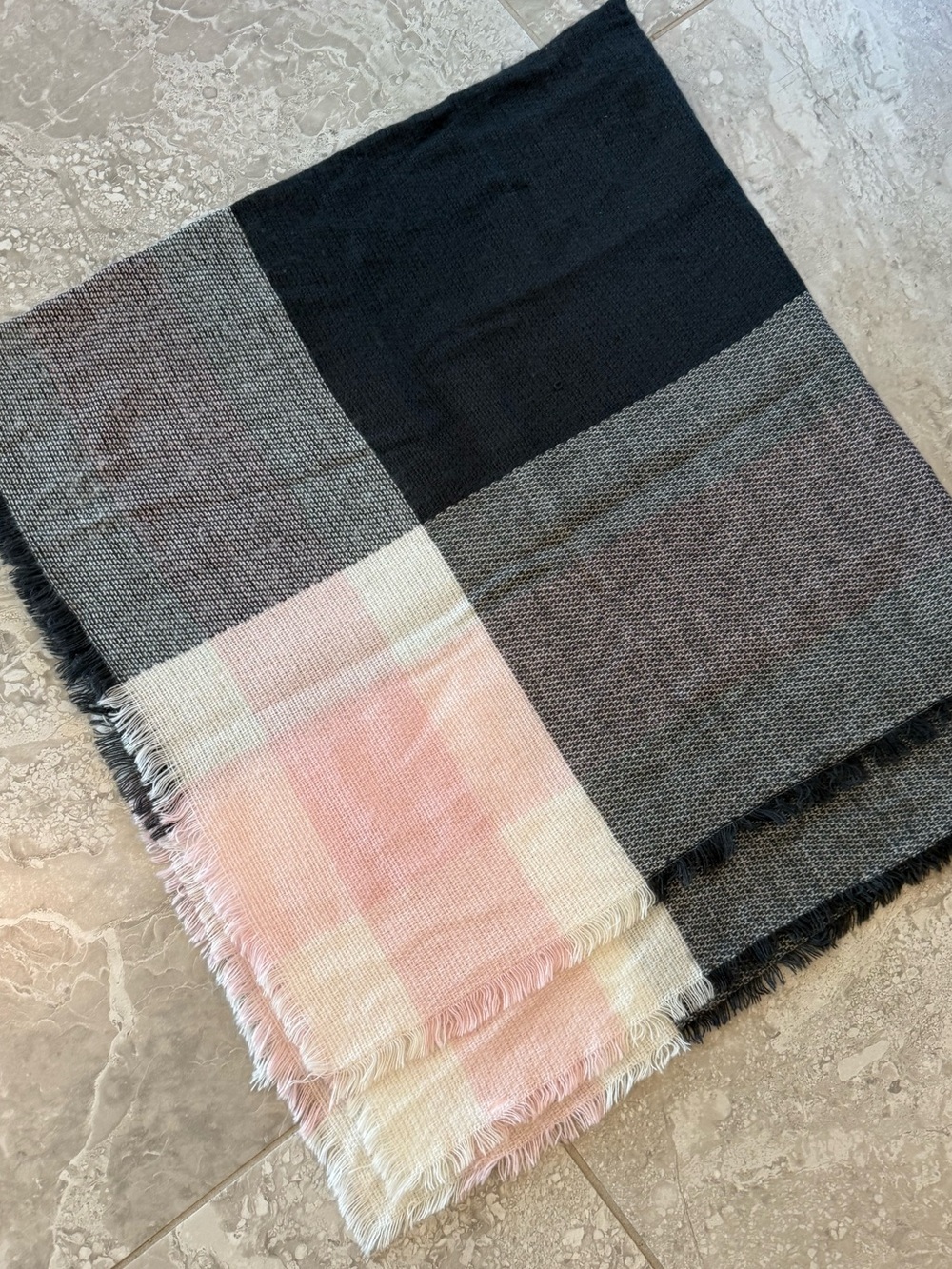 Large Colorblock Fringe Blanket Scarf in Charcoal Gray, White & Blush